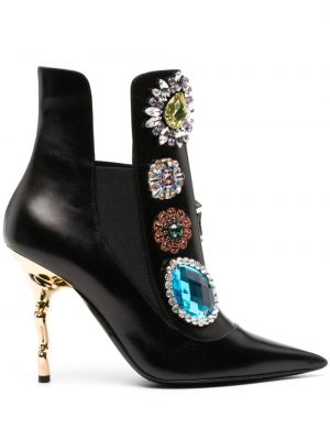 Křišťálové kožené kotníkové boty Moschino černé