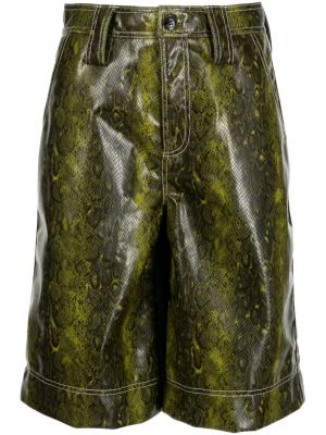 Usnjene kratke hlače s potiskom s kačjim vzorcem Ganni zelena