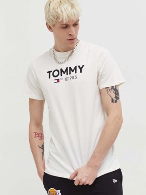 Koszulka bawełniana z nadrukiem Tommy Jeans beżowa