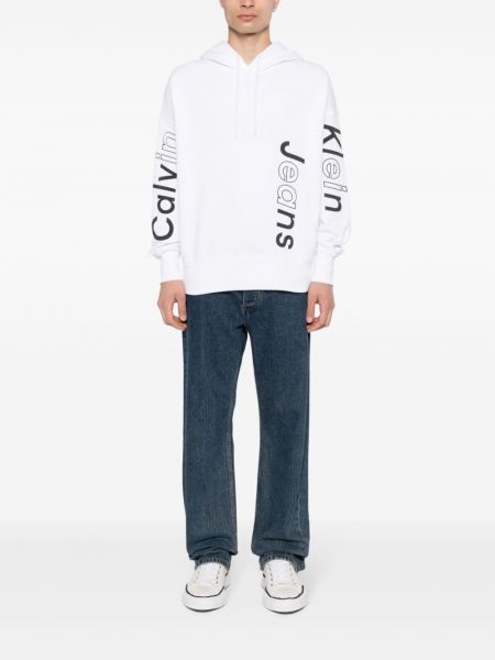 Puuvillased tikitud kapuutsiga pusa Calvin Klein valge