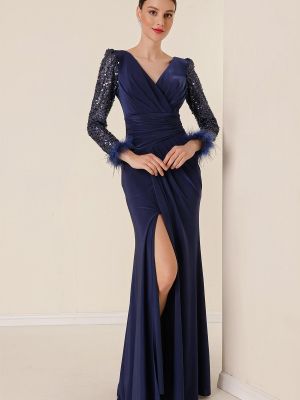 Drapiruotas maksi suknelė su plunksnomis By Saygı mėlyna