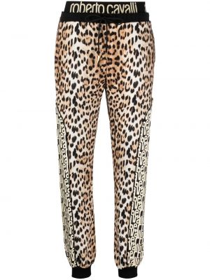 Bavlnené teplákové nohavice s potlačou s leopardím vzorom Roberto Cavalli hnedá