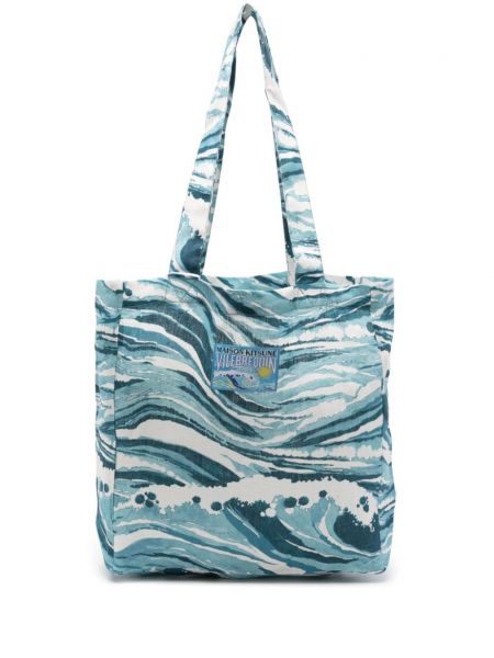 Lněná shopper kabelka s abstraktním vzorem Maison Kitsuné modrá