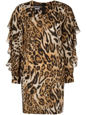 Hedvábné přiléhavé leopardí šaty na zip Boutique Moschino - hnědá