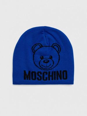 Dzianinowa czapka wełniana Moschino niebieska