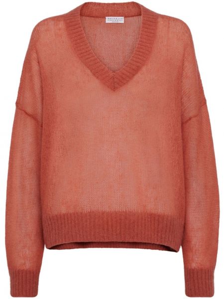 Pull en tricot à col v ajouré Brunello Cucinelli orange