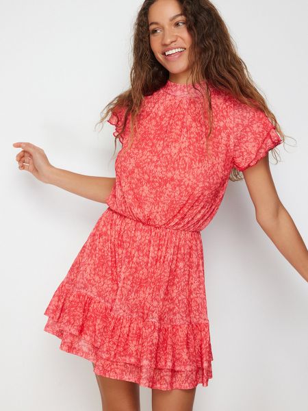 Плетена мини рокля с висока яка с волани Trendyol червено