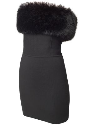 Vlnené mini šaty s kožušinou Saint Laurent čierna