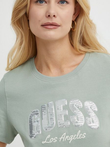 Koszulka z cekinami bawełniana Guess zielona