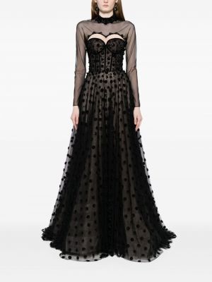 Tylové puntíkaté večerní šaty s korálky Saiid Kobeisy černé