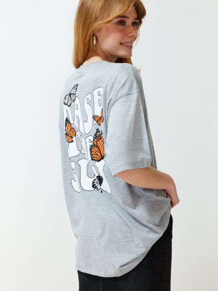 Melanžové pletené tričko s potiskem Trendyol