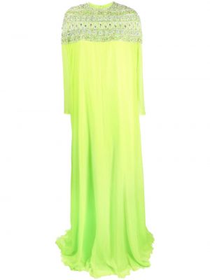 Jedwabna haftowana sukienka wieczorowa Dina Melwani zielona