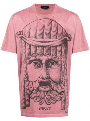 Памучна тениска с принт от джърси Versace розово