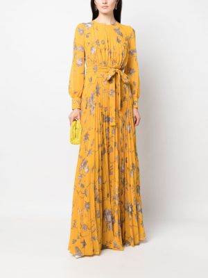 Sukienka długa w kwiatki z nadrukiem plisowana Erdem żółta