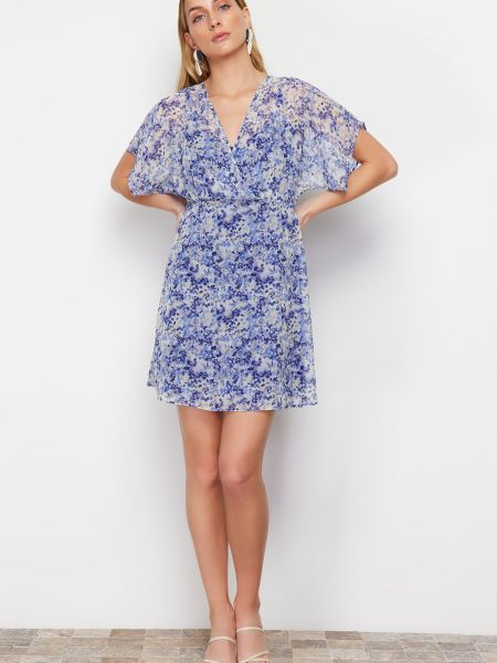 Virágos sifon mini ruha nyomtatás Trendyol kék