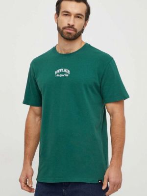 Памучна тениска с дълъг ръкав с апликация Tommy Jeans зелено