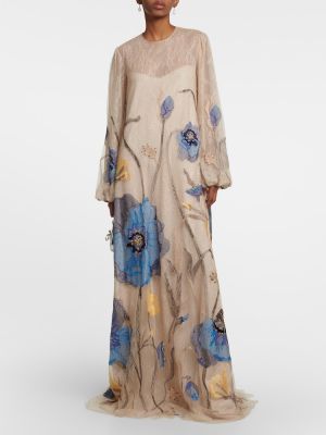 Haftowana sukienka długa tiulowa koronkowa Costarellos beżowa