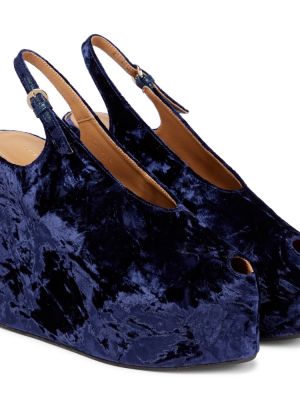 Aksamitne sandały na koturnie Dries Van Noten niebieskie