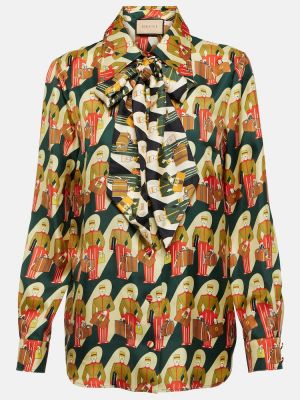 Bluză cu funde de mătase cu imagine Gucci