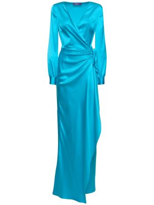 Jedwabna satynowa sukienka długa Ralph Lauren Collection niebieska