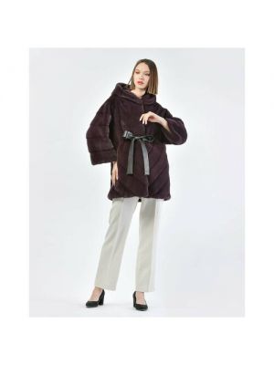 Пальто Gabriel Pisani, норка, силуэт свободный, капюшон, пояс/ремень, 44 фиолетовый
