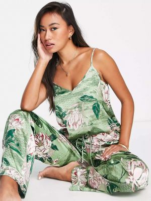 Атласная пижама в цветочек с принтом River Island зеленая