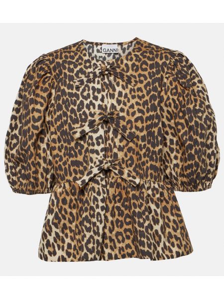 Bombažna bluza s potiskom z leopardjim vzorcem Ganni rjava