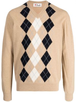Kockovaný sveter s výstrihom do v s vzorom argyle Pringle Of Scotland hnedá