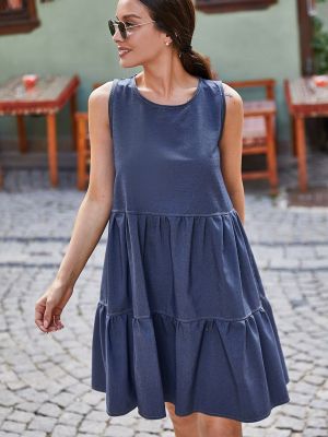 Džínové šaty bez rukávů s volány Armonika modré