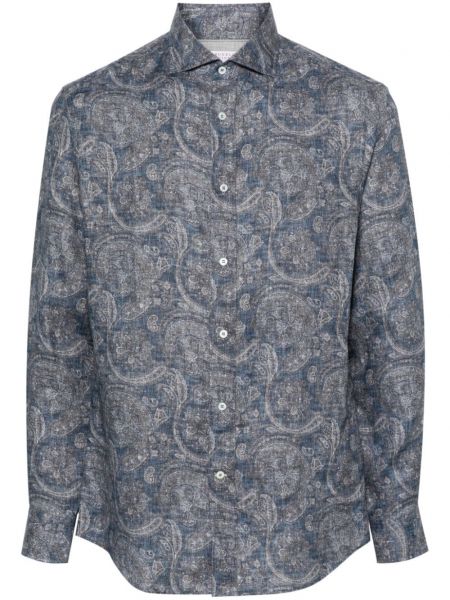 Lněná košile s potiskem s paisley potiskem Brunello Cucinelli modrá
