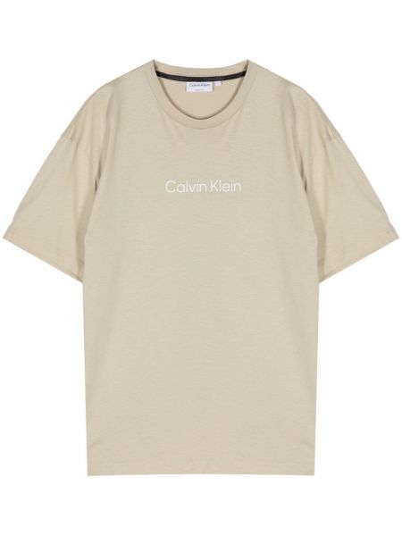 Raštuotas medvilninis marškinėliai Calvin Klein smėlinė