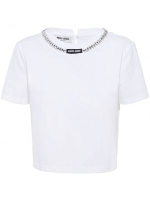 Koszulka z nadrukiem z kryształkami Miu Miu biała