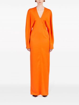 Saténové dlouhé šaty s výstřihem do v Ferragamo oranžové