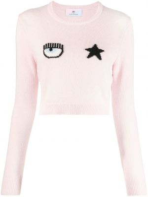 Плетен пуловер бродиран Chiara Ferragni розово