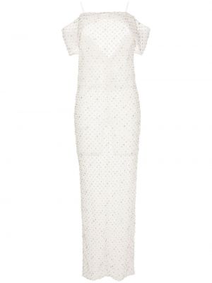 Krajkové dlouhé šaty s korálky Saiid Kobeisy bílé