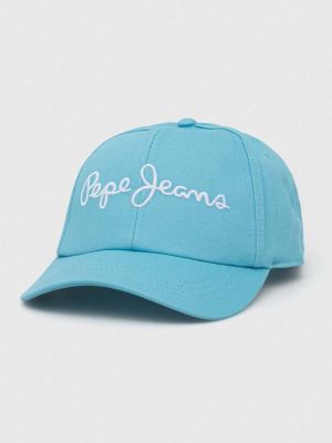 Памучна шапка с козирки с апликация Pepe Jeans синьо