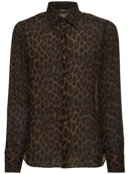 Slim fit priliehavá košeľa s leopardím vzorom Tom Ford hnedá