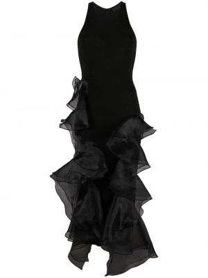 Viskózové večerní šaty bez rukávů s volány Rochas - černá