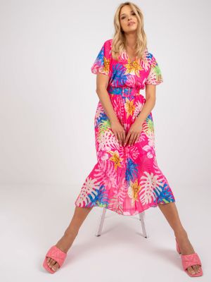 Plisirana midi obleka s potiskom s tropskim vzorcem Fashionhunters roza