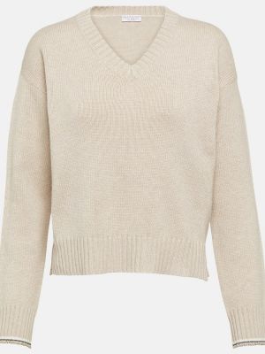 Svileni vuneni džemper od kašmira Brunello Cucinelli smeđa