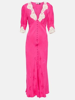 Кружевное атласное длинное платье Rixo розовое