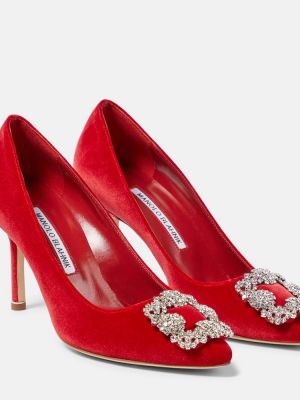 Кадифени полуотворени обувки Manolo Blahnik червено