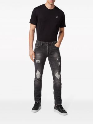 Bavlněné slim fit kalhoty s výšivkou Philipp Plein černé
