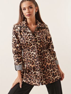 Taskutega laia lõikega leopardimustriga jakk By Saygı pruun