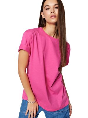 Dzianinowa koszulka bawełniana relaxed fit Trendyol różowa