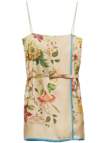 Květinové hedvábné mini šaty s potiskem Prada žluté