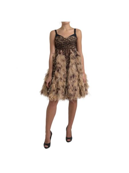 Sukienka mini bez rękawów w piórka tiulowa Dolce And Gabbana brązowa