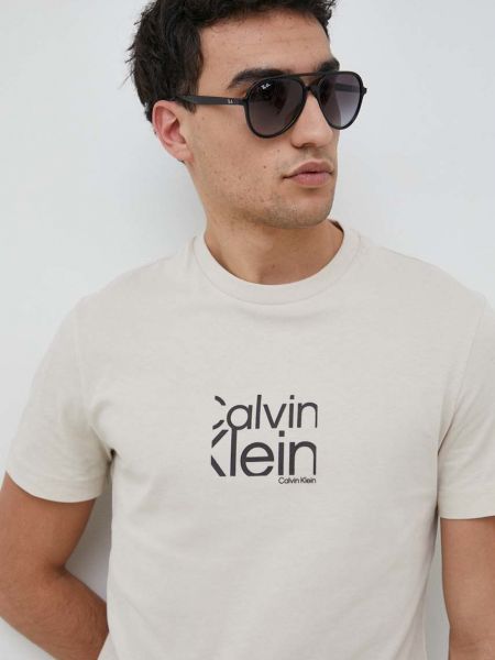 Calvin Klein pamut póló bézs, nyomott mintás