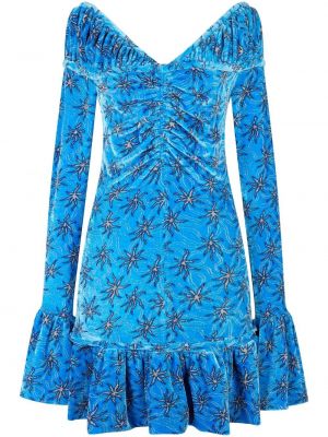 Кадифена коктейлна рокля на цветя с принт Paco Rabanne синьо