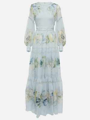Rochie lunga de mătase cu model floral Erdem albastru